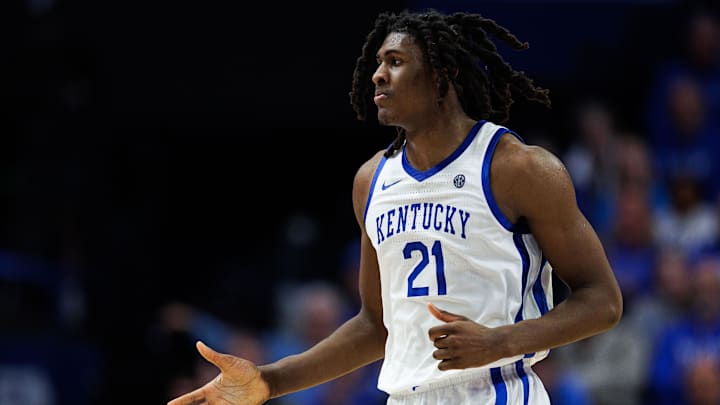 Jan 7, 2026; Lexington, Kentucky, USA; Kentucky Wildcats forward Jayden Quaintance (21) fives a teammate during the second half against the Missouri Tigers at Rupp Arena at Central Bank Center. Mandatory Credit: Jordan Prather-Imagn Images