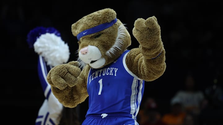 Mar 28, 2025; Indianapolis, IN, USA; The Kentucky Wildcats mascot performs in the first half during a Midwest Regional semifinal of the 2025 NCAA tournament at Lucas Oil Stadium. Mandatory Credit: Trevor Ruszkowski-Imagn Images