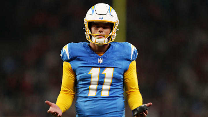 [US, Mexico & Canada customers only] Sep 5, 2025; Sao Paulo, BRAZIL; Los Angeles Chargers place kicker Cameron Dicker (11) reacts in the first half against the Kansas City Chiefs at Corinthians Arena. Mandatory Credit: Jean Carniel/Reuters via Imagn Images