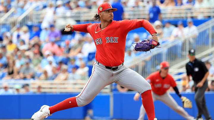 Mar 2, 2026; Dunedin, Florida, USA;  Boston Red Sox starting pitcher Johan Oviedo (29) throws a pitch during the first inning against the Toronto Blue Jays at TD Ballpark. Mandatory Credit: Kim Klement Neitzel-Imagn Images
