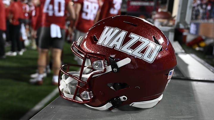 Sep 20, 2024; Pullman, Washington, USA; Washington State Cougars helmet sits during a game against the San Jose State Spartans in the first half at Gesa Field at Martin Stadium. Mandatory Credit: James Snook-Imagn Images