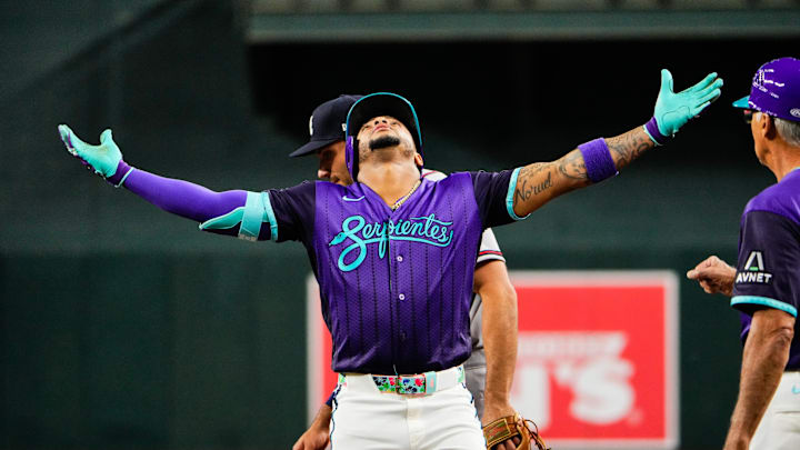 Apr 3, 2026; Phoenix, Arizona, USA; Arizona Diamondbacks second baseman Ketel Marte (4) celebrates a single during the sixth inning of the game against the Atlanta Braves at Chase Field. Mandatory Credit: Arianna Grainey-Imagn Images