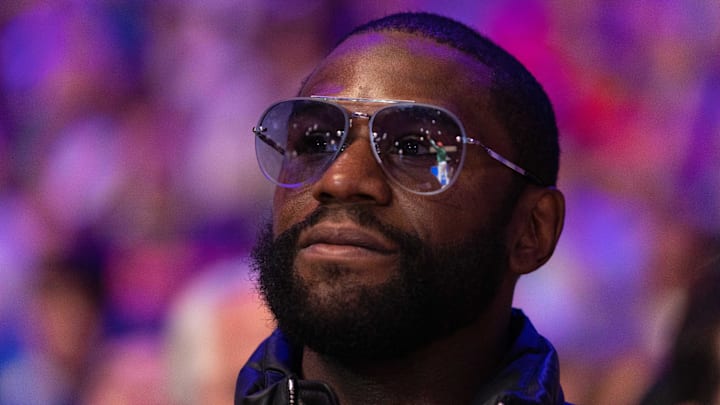 Apr 16, 2022; Philadelphia, Pennsylvania, USA; Professional boxer Floyd Mayweather looks on before game one of the first round for the 2022 NBA playoffs between the Philadelphia 76ers and the Toronto Raptors at Wells Fargo Center. Mandatory Credit: Bill Streicher-Imagn Images