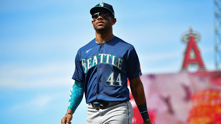 Apr 5, 2026; Anaheim, California, USA; Seattle Mariners center fielder Julio Rodriguez (44) returns to the dugout following the fourth inning against the Los Angeles Angels at Angel Stadium. Mandatory Credit: Gary A. Vasquez-Imagn Images