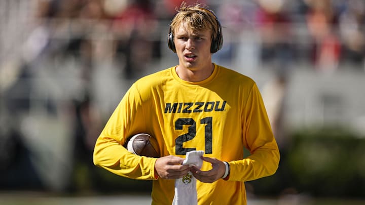 Nov 4, 2023; Athens, Georgia, USA; Missouri Tigers quarterback Sam Horn (21) on the field before the game against the Georgia Bulldogs at Sanford Stadium. Mandatory Credit: Dale Zanine-Imagn Images