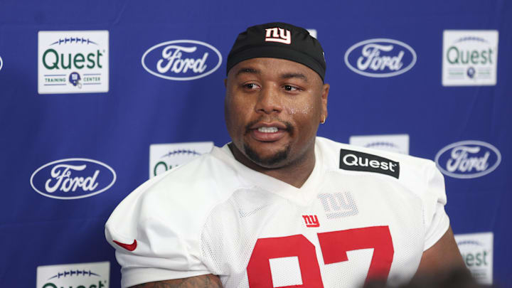 Jul 23, 2025; East Rutherford, NJ, USA; New York Giants defensive tackle Dexter Lawrence II (97) talks with media during training camp at Quest Diagnostics Training Center. Mandatory Credit: Vincent Carchietta-Imagn Images