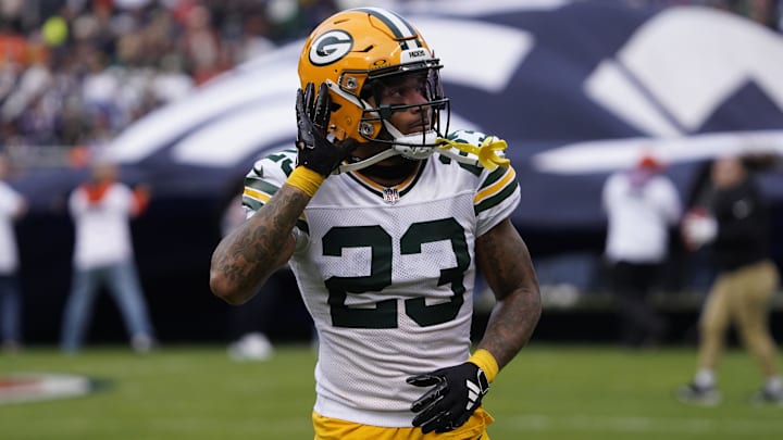 Nov 17, 2024; Chicago, Illinois, USA; Green Bay Packers cornerback Jaire Alexander (23) gestures to the fans before the game against the Chicago Bears at Soldier Field. Mandatory Credit: David Banks-Imagn Images