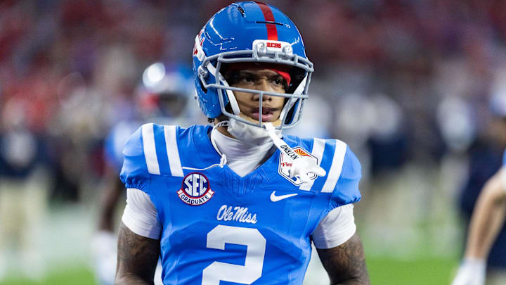 Jan 8, 2026; Glendale, AZ, USA; Mississippi Rebels wide receiver Harrison Wallace III (2) against the Miami Hurricanes during the 2026 Fiesta Bowl and semifinal game of the College Football Playoff at State Farm Stadium. Mandatory Credit: Mark J. Rebilas-Imagn Images