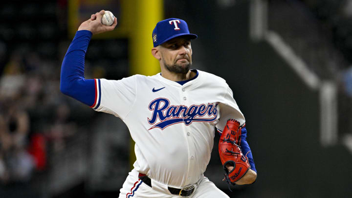 May 2, 2024; Arlington, Texas, USA; Texas Rangers starting pitcher Nathan Eovaldi (17) pitches against the Washington Nationals during the first inning at Globe Life Field. May 2, 2024; Arlington, Texas, USA; Texas Rangers starting pitcher Nathan Eovaldi (17) pitches against the Washington Nationals during the first inning at Globe Life Field.