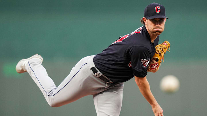Sep 6, 2022; Kansas City, Missouri, USA; Cleveland Guardians starting pitcher Shane Bieber (57) warms up during the first inning against the Kansas City Royals at Kauffman Stadium. Mandatory Credit: Jay Biggerstaff-Imagn Images