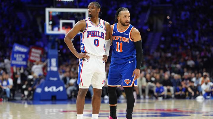 May 10, 2026; Philadelphia, Pennsylvania, USA; Philadelphia 76ers guard Tyrese Maxey (0) looks on against New York Knicks guard Jalen Brunson (11) in the second quarter during game four of the second round of the 2026 NBA Playoffs at Xfinity Mobile Arena. Mandatory Credit: Kyle Ross-Imagn Images May 10, 2026; Philadelphia, Pennsylvania, USA; Philadelphia 76ers guard Tyrese Maxey (0) looks on against New York Knicks guard Jalen Brunson (11) in the second quarter during game four of the second round of the 2026 NBA Playoffs at Xfinity Mobile Arena. Mandatory Credit: Kyle Ross-Imagn Images