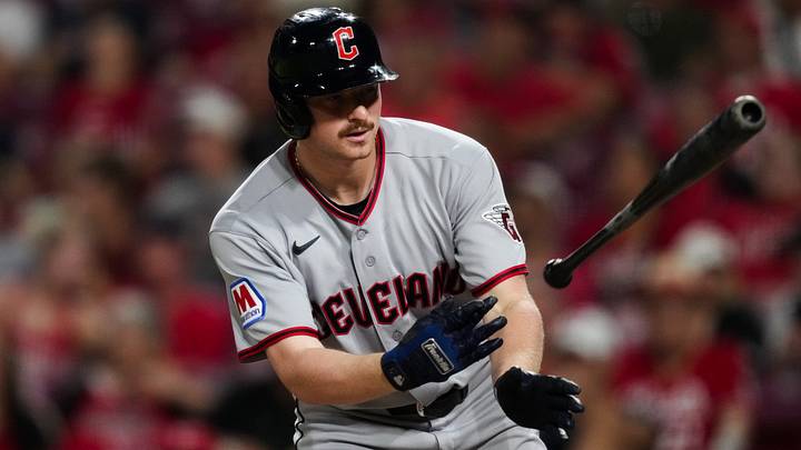 Jul 29, 2026: Cleveland Guardians first baseman Kyle Manzardo tosses his bat after drawing a walk against the Cincinnati Reds in the eighth inning at Great American Ball Park. Credit: Aaron Doster-Imagn Images