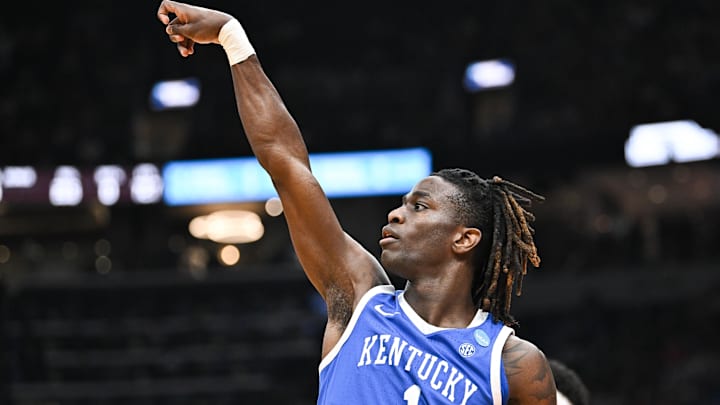 Mar 22, 2026; St. Louis, MO, USA; Kentucky Wildcats guard Denzel Aberdeen (1) watches his shot during the first half against the Iowa State Cyclones during a second round game of the men's 2026 NCAA Tournament at Enterprise Center. Mandatory Credit: Jeff Le-Imagn Images Mar 22, 2026; St. Louis, MO, USA; Kentucky Wildcats guard Denzel Aberdeen (1) watches his shot during the first half against the Iowa State Cyclones during a second round game of the men's 2026 NCAA Tournament at Enterprise Center. Mandatory Credit: Jeff Le-Imagn Images