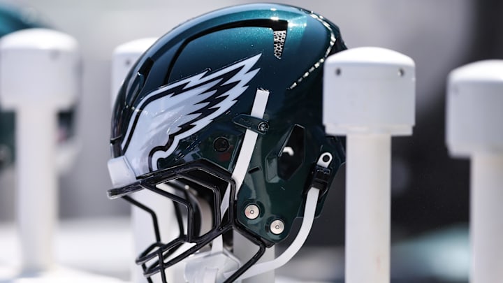 Aug 16, 2025; Philadelphia, Pennsylvania, USA; Philadelphia Eagles helmet on the bench during a game against the Cleveland Browns at Lincoln Financial Field. Mandatory Credit: Bill Streicher-Imagn Images