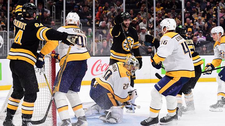 Oct 22, 2026; Boston, Massachusetts, USA;  Boston Bruins center Mark Kastelic (47) reacts after scoring a goal past Nashville Predators goaltender Justus Annunen (29) during the third period at TD Garden. Mandatory Credit: Bob DeChiara-Imagn Images