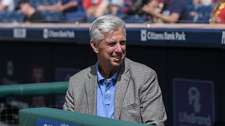 Jun 24, 2023; Philadelphia, Pennsylvania, USA;  Philadelphia Phillies President of Baseball Operations Dave Dombrowski prior to the game against the New York Mets at Citizens Bank Park. Mandatory Credit: John Geliebter-Imagn Images