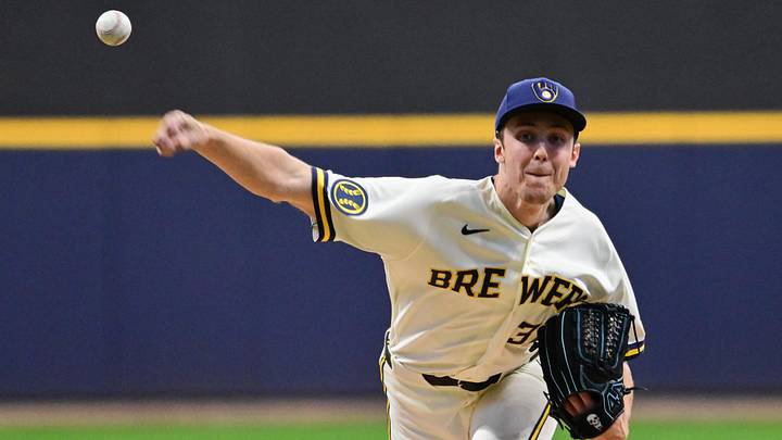 May 13, 2026; Milwaukee, Wisconsin, USA;  Milwaukee Brewers starting pitcher Jacob Misiorowski (32) throws a pitch in the first inning against the San Diego Padres at American Family Field. Mandatory Credit: Benny Sieu-Imagn Images
