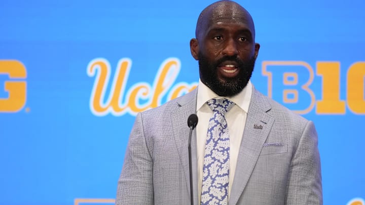 Jul 24, 2025; Las Vegas, NV, USA; UCLA head coach DeShaun Foster speaks to the media during the Big Ten NCAA college football media days at Mandalay Bay Resort. Mandatory Credit: Lucas Peltier-Imagn Images
