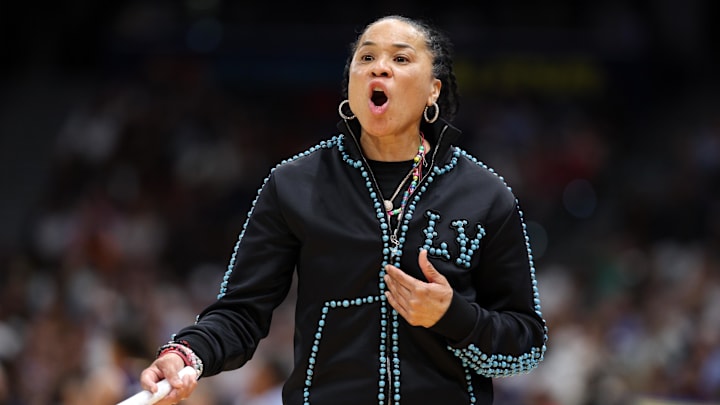 Apr 6, 2025; Tampa, FL, USA; South Carolina Gamecocks head coach Dawn Staley reacts during the first half of the national championship of the women's 2025 NCAA tournament against the Connecticut Huskies at Amalie Arena. Mandatory Credit: Nathan Ray Seebeck-Imagn Images