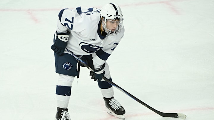 Oct 10, 2025; University Park, PA, USA; Penn State Nittany Lions forward Gavin McKenna (72) skates against the Clarkson Golden Knights during the second period at Pegula Ice Arena. Mandatory Credit: Barry Reeger-Imagn Images