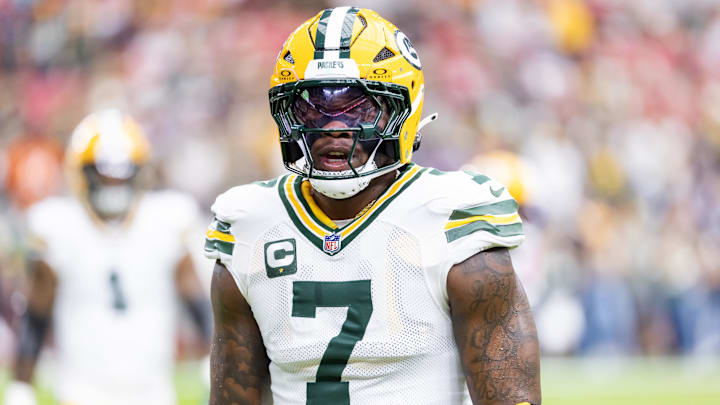 Oct 19, 2025; Glendale, Arizona, USA; Green Bay Packers linebacker Quay Walker (7) against the Arizona Cardinals at State Farm Stadium. Mandatory Credit: Mark J. Rebilas-Imagn Images