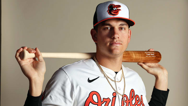 Feb 21, 2024; Sarasota, FL, USA; Baltimore Orioles infielder Coby Mayo (86) poses for a photo during photo day at Ed Smith Stadium.