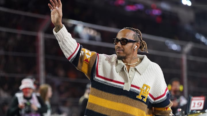 Nov 18, 2023; Las Vegas, Nevada, USA; Mercedes AMG Petronas Motorsport driver Lewis Hamilton of Nov 18, 2023; Las Vegas, Nevada, USA; Mercedes AMG Petronas Motorsport driver Lewis Hamilton of