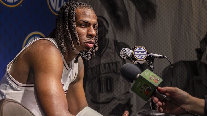 Oct 15, 2025; Birmingham, AL, USA; Texas A&M Aggies forward Mackenzie Mgbako talks with the media during SEC Media Days at Grand Bohemian Hotel. Mandatory Credit: Vasha Hunt-Imagn Images