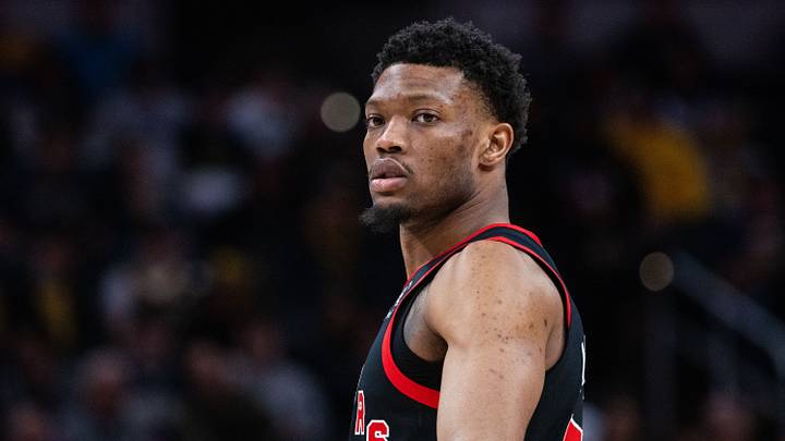 Jan 14, 2026; Indianapolis, Indiana, USA; Toronto Raptors guard Alijah Martin (55) in the second half against the Indiana Pacers at Gainbridge Fieldhouse. Mandatory Credit: Trevor Ruszkowski-Imagn Images