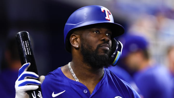 Jun 2, 2024; Miami, Florida, USA; Texas Rangers right fielder Adolis Garcia (53) looks on from the dugout against the Miami Marlins during the eighth inning at loanDepot Park. Mandatory Credit: Sam Navarro-USA TODAY Sports Jun 2, 2024; Miami, Florida, USA; Texas Rangers right fielder Adolis Garcia (53) looks on from the dugout against the Miami Marlins during the eighth inning at loanDepot Park. Mandatory Credit: Sam Navarro-USA TODAY Sports