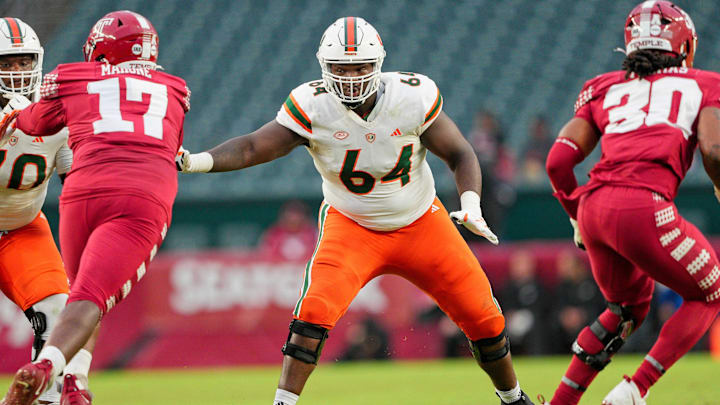 Sep 23, 2023; Philadelphia, Pennsylvania, USA; Miami Hurricanes offensive lineman Jalen Rivers (64) sets up to block in the second half against the Temple Owls at Lincoln Financial Field. Mandatory Credit: Andy Lewis-Imagn Images Sep 23, 2023; Philadelphia, Pennsylvania, USA; Miami Hurricanes offensive lineman Jalen Rivers (64) sets up to block in the second half against the Temple Owls at Lincoln Financial Field. Mandatory Credit: Andy Lewis-Imagn Images