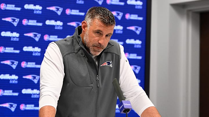 May 9, 2025; Foxborough, MA, USA;  New England Patriots head coach Mike Vrabel speaks the to media during a press conference at Gillette Stadium. Mandatory Credit: Eric Canha-Imagn Images