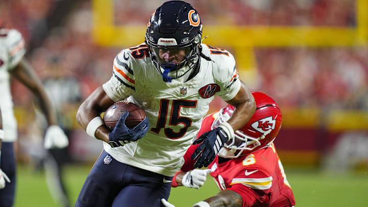 Rome Odunze makes a reception against the Chiefs in Friday's game. Odunze had a TD catch just before halftime.