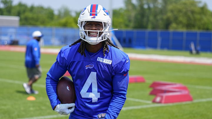 Jun 11, 2025; Orchard Park, NY, USA; Buffalo Bills running back James Cook (4) during Minicamp at Highmark Stadium. Mandatory Credit: Gregory Fisher-Imagn Images
