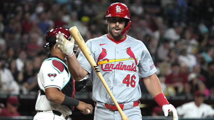 Apr 12, 2024; Phoenix, Arizona, USA; St. Louis Cardinals first base Paul Goldschmidt (46) reacts
