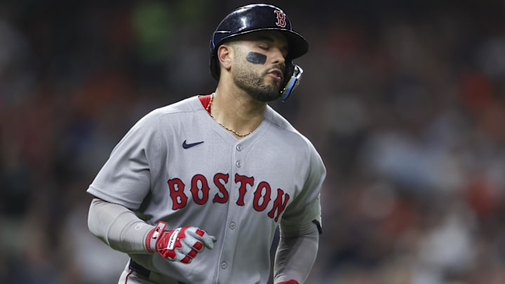 Boston Red Sox catcher Carlos Narvaez (75) rounds the bases after hitting a home run during the sixth inning against the Houston Astros at Daikin Park.
