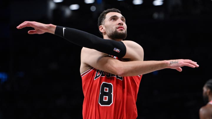 Nov 26, 2023; Brooklyn, New York, USA; Chicago Bulls guard Zach LaVine (8) looks on during the first quarter against the Brooklyn Nets at Barclays Center. Mandatory Credit: John Jones-USA TODAY Sports