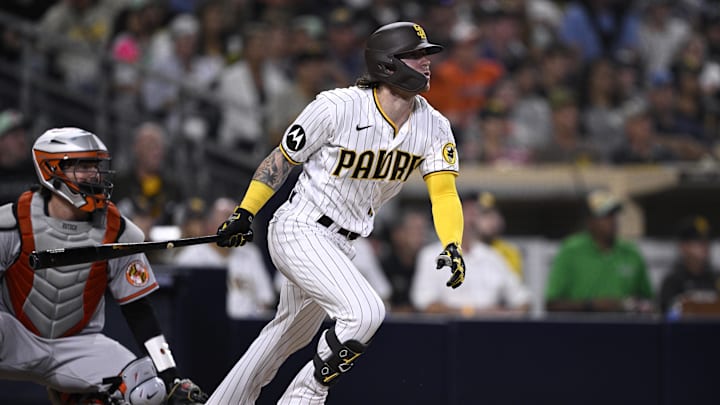 Aug 15, 2023; San Diego, California, USA; San Diego Padres right fielder Ben Gamel (16) hits a two-RBI double against the Baltimore Orioles during the fifth inning at Petco Park. Mandatory Credit: Orlando Ramirez-USA TODAY Sports