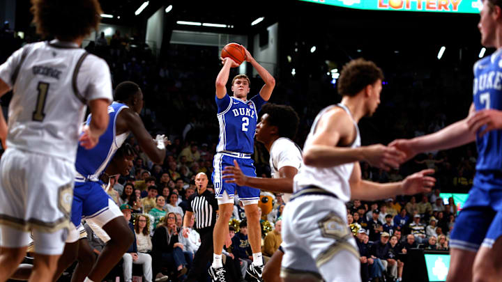 Duke's Cooper Flagg lines up an open jump shot.