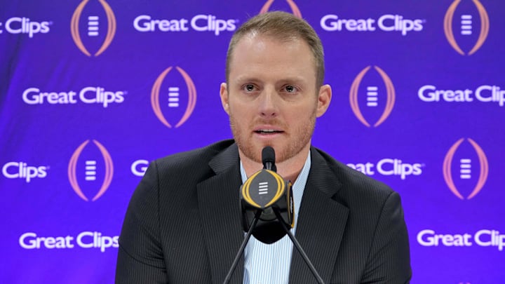 Jan 6, 2024; Houston, TX, USA; ESPN analyst Greg McElroy talks to the media during media day before the College Football Playoff national championship game against the Michigan Wolverines at George R Brown Convention Center. Mandatory Credit: Kirby Lee-Imagn Images