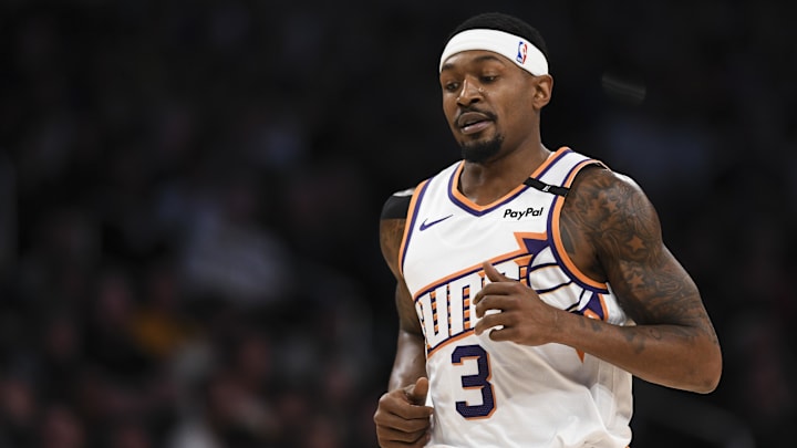 Oct 25, 2024; Los Angeles, California, USA; Phoenix Suns guard Bradley Beal (3) runs against the Los Angeles Lakers during the first half at Crypto.com Arena. Mandatory Credit: Jonathan Hui-Imagn Images