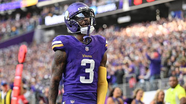 Minnesota Vikings wide receiver Jordan Addison (3) celebrates after scoring a touchdown during the fourth quarter against the Chicago Bears at U.S. Bank Stadium. Minnesota Vikings wide receiver Jordan Addison (3) celebrates after scoring a touchdown during the fourth quarter against the Chicago Bears at U.S. Bank Stadium.