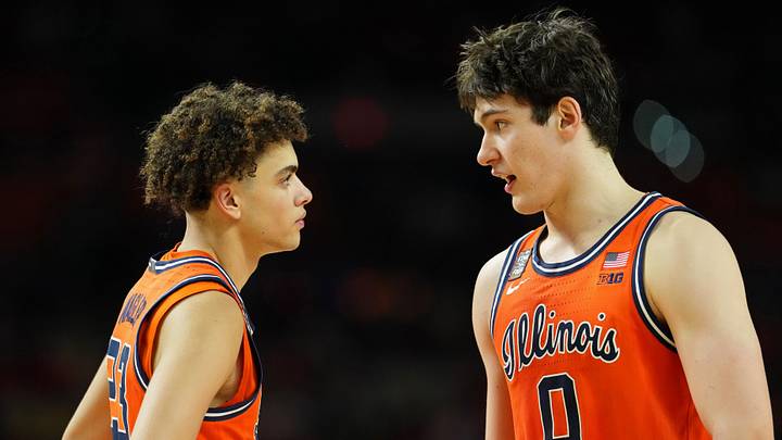 Apr 4, 2026; Indianapolis, IN, USA; Illinois Fighting Illini guard Keaton Wagler (23) talks with forward David Mirkovic (0) during the second half of a semifinal of the Final Four of the men's 2026 NCAA Tournament at Lucas Oil Stadium. Mandatory Credit: Bob Donnan-Imagn Images Apr 4, 2026; Indianapolis, IN, USA; Illinois Fighting Illini guard Keaton Wagler (23) talks with forward David Mirkovic (0) during the second half of a semifinal of the Final Four of the men's 2026 NCAA Tournament at Lucas Oil Stadium. Mandatory Credit: Bob Donnan-Imagn Images