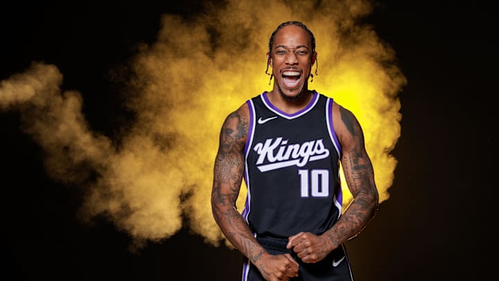 Sep 30, 2024; Sacramento, CA, USA; Sacramento Kings forward DeMar DeRozan (10) during media day at Golden 1 Center. Mandatory Credit: Sergio Estrada-Imagn Images