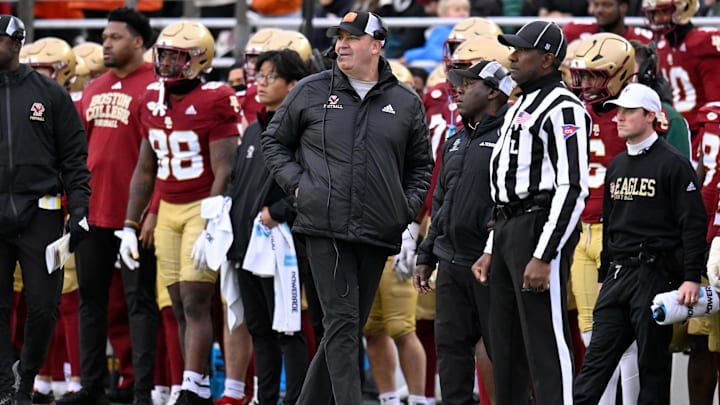 Nov 23, 2024; Chestnut Hill, Massachusetts, USA;  Boston College Eagles head coach Bill O'Brien watches from the sideline during the second half against the North Carolina Tar Heels at Alumni Stadium. Mandatory Credit: Eric Canha-Imagn Images