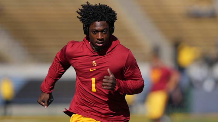 Oct 28, 2023; Berkeley, California, USA; USC Trojans wide receiver Zachariah Branch (1) warms up before the game against the California Golden Bears at California Memorial Stadium. Mandatory Credit: Darren Yamashita-Imagn Images Oct 28, 2023; Berkeley, California, USA; USC Trojans wide receiver Zachariah Branch (1) warms up before the game against the California Golden Bears at California Memorial Stadium. Mandatory Credit: Darren Yamashita-Imagn Images