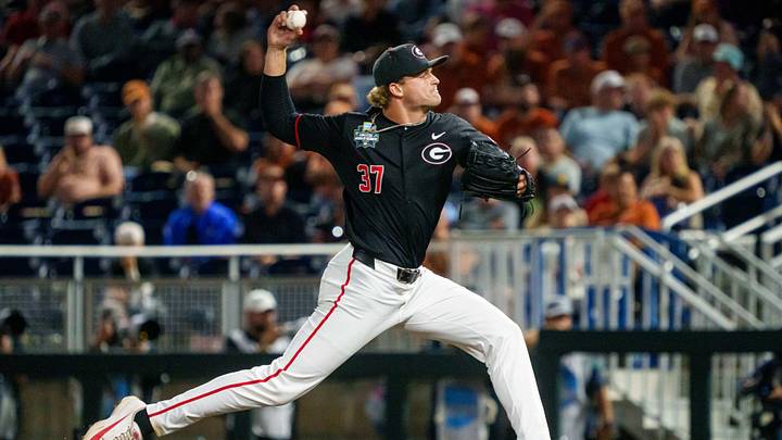 Jun 13, 2026; Omaha, NE, USA; Georgia Bulldogs starting pitcher Joey Volchko (37) pitches against the Texas Longhorns during the ninth inning at Charles Schwab Field. Mandatory Credit: Dylan Widger-Imagn Images Jun 13, 2026; Omaha, NE, USA; Georgia Bulldogs starting pitcher Joey Volchko (37) pitches against the Texas Longhorns during the ninth inning at Charles Schwab Field. Mandatory Credit: Dylan Widger-Imagn Images
