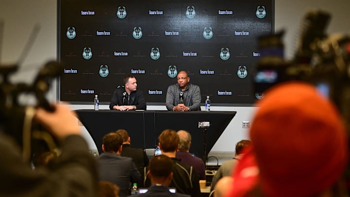 Jan 27, 2024; Milwaukee, WI, USA: Doc Rivers speaks at a press conference with general manager Jon Horst where he was introduce as the new head coach of the Milwaukee Bucks at the Fiserv Forum. Mandatory Credit: Benny Sieu-Imagn Images