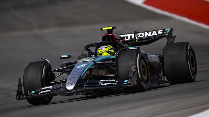 Oct 18, 2024; Austin, Texas, USA; Mercedes AMG Petronas F1 Team driver Lewis Hamilton (44) of Team Great Britain drives during practice for the 2024 US Grand Prix at Circuit of the Americas. Mandatory Credit: Jerome Miron-Imagn Images