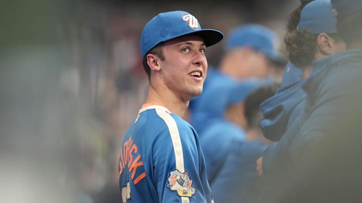 May 8, 2026; Milwaukee, Wisconsin, USA;  Milwaukee Brewers pitcher Jacob Misiorowski (32) looks on from the dugout during the seventh inning against the New York Yankees at American Family Field. Mandatory Credit: Jeff Hanisch-Imagn Images